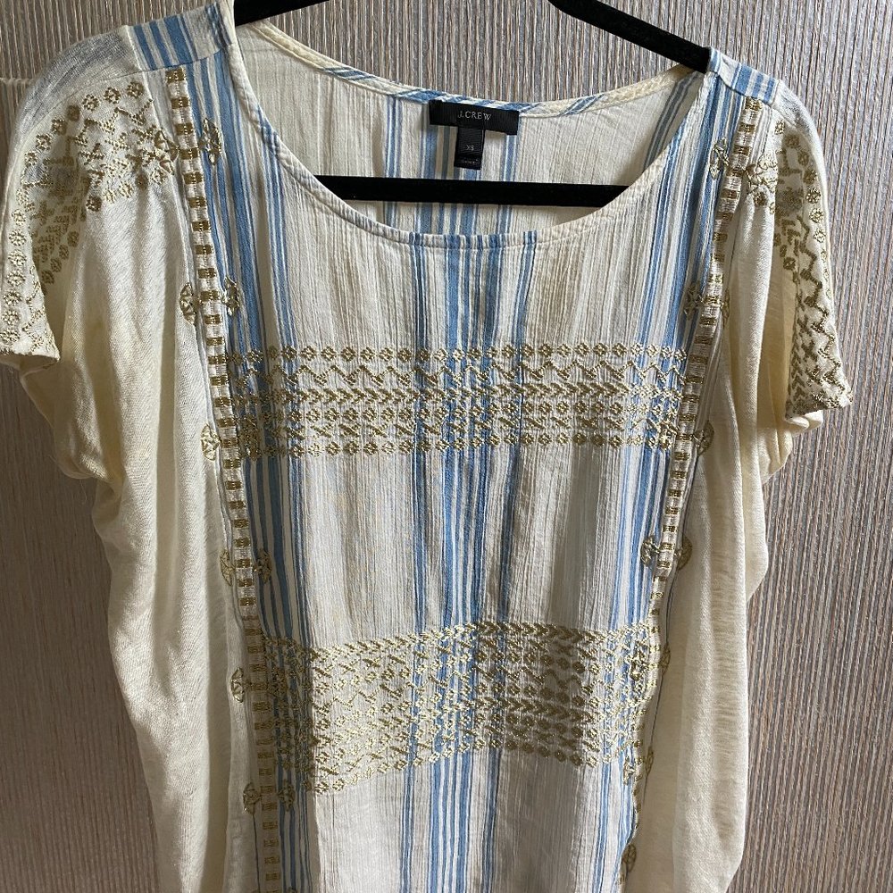 J Crew Cream Golden Embroidered Blue Stripe XS Top